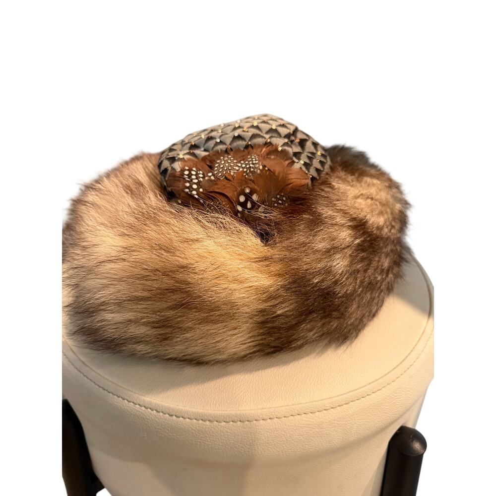 Vintage Fur Hat with Brocade Crown, Rhinestones & Feather Accent